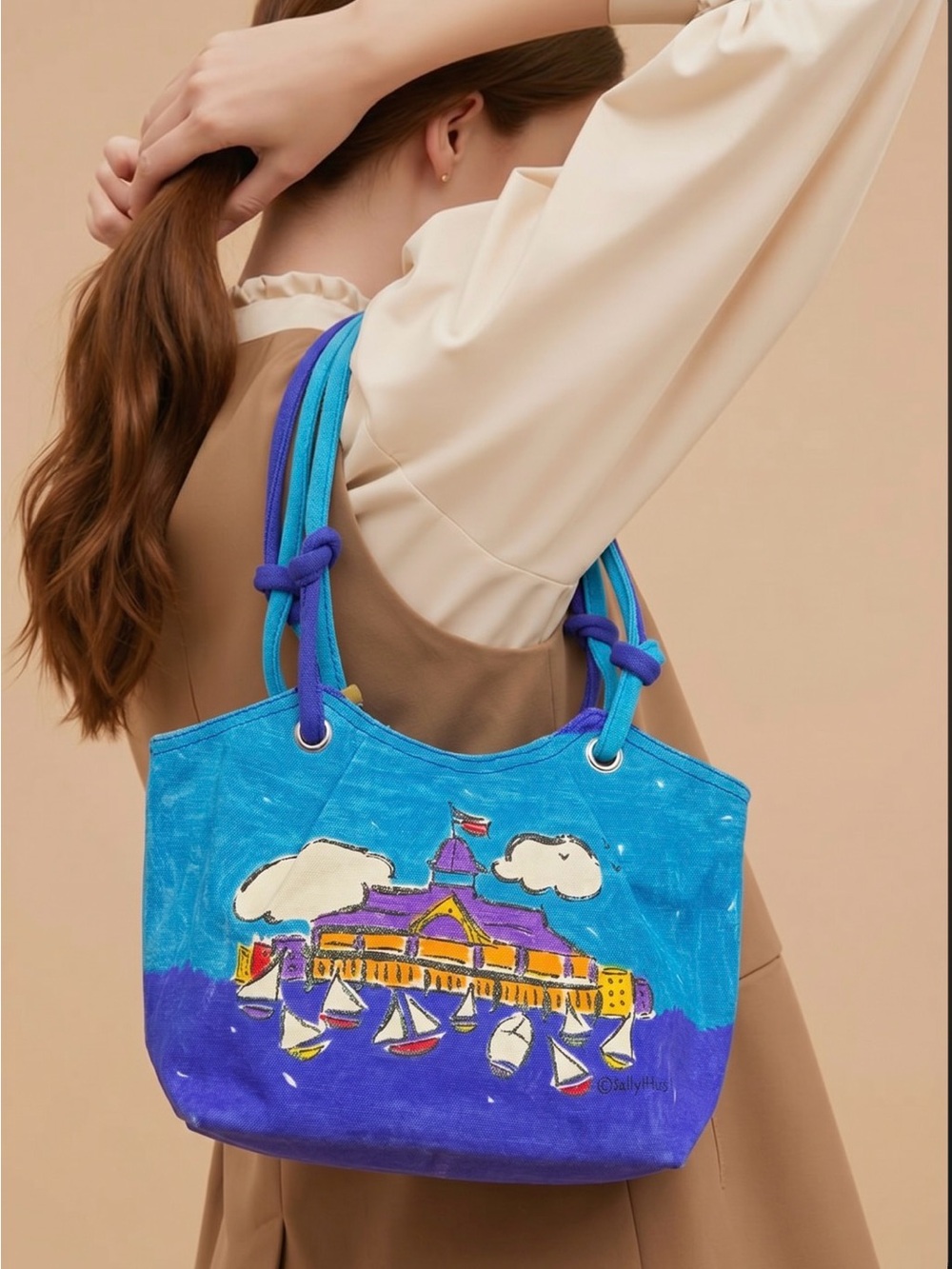 Sally Huss Bright Blue & Purple Canvas Tote Bag with Nautical Artwork Whimsical